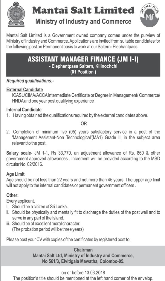 Assistant Manager (Finance) - Mantai Salt Limited